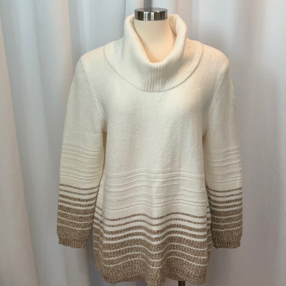 Calvin Klein Cowl Neck Long Sleeve Cream Gold Tunic Sweater Women Size XL